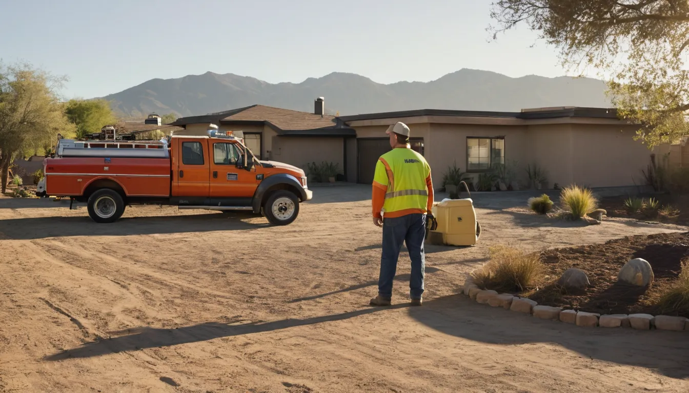 A friendly provider talking with a homeowner beside a septic tank access lid in a Calabasas backyard
