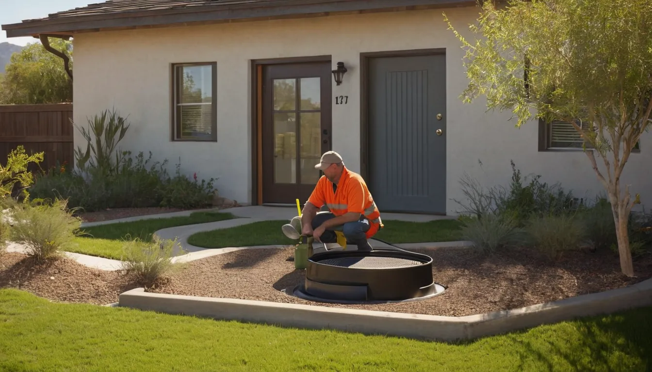 Provider inspecting an open septic tank lid in the yard of a stucco ranch home in Calabasas